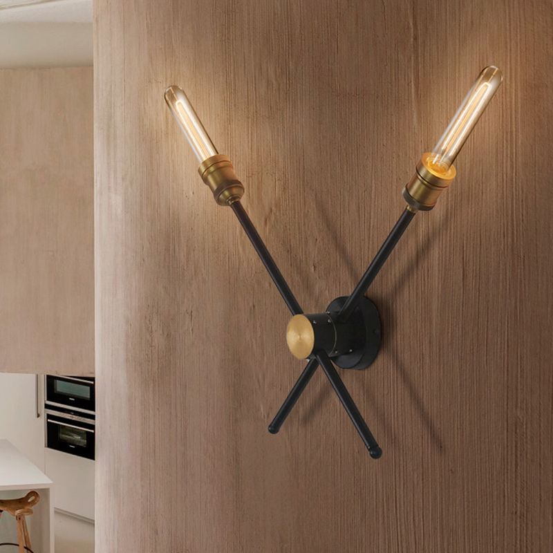 2/3 Heads Metal Wall Sconce Colonialist Black and Gold Crossed Living Room Wall Mount Light Fixture