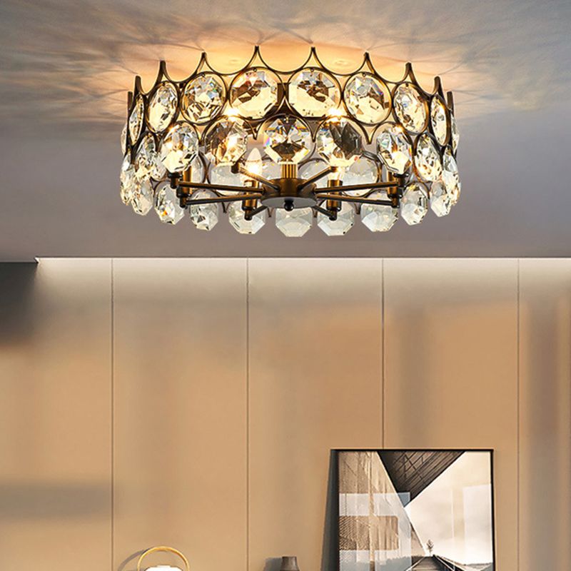 Round Dining Room Semi Flush Light Fixture Classic Crystal Embedded 8 Heads Black Ceiling Lamp