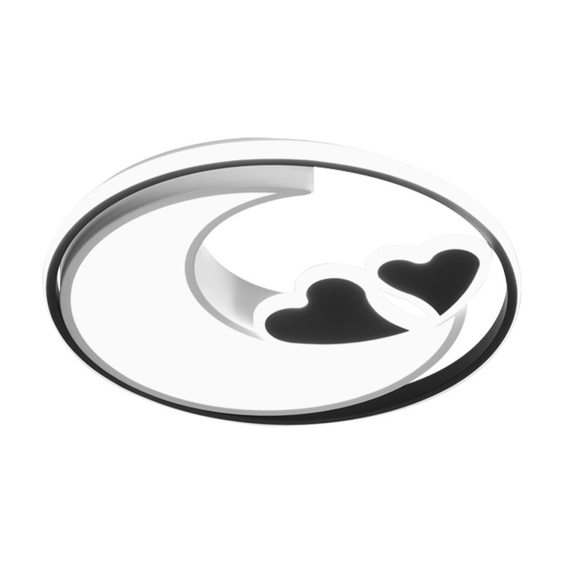 LED Playroom Ceiling Fixture Nordic Black/Pink Flush Lamp with Crescent and Heart Acrylic Shade