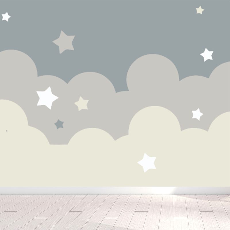 Beige Cartoon Wallpaper Mural Large Crescent and Starry Sky Wall Covering for Room