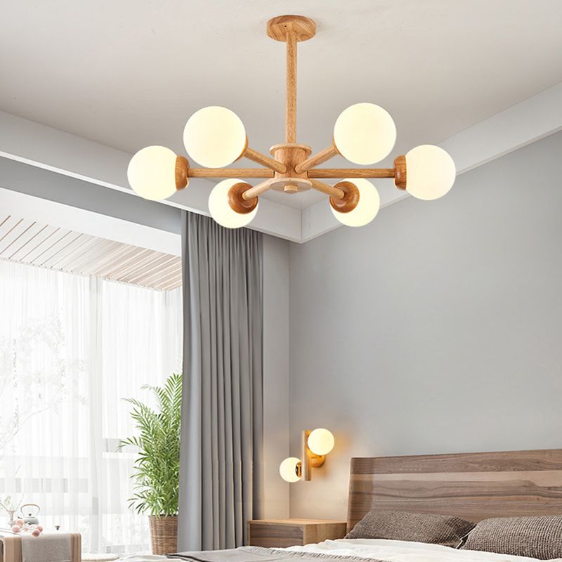 Modo Shaped Suspension Light Minimalist Cream Glass Bedroom Chandelier Light in Wood