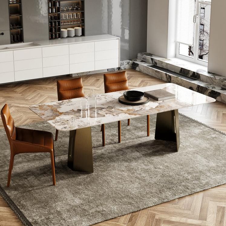 Rectangle Traditional Luxury Table Sintered Stone Table with Gold Double Pedestal