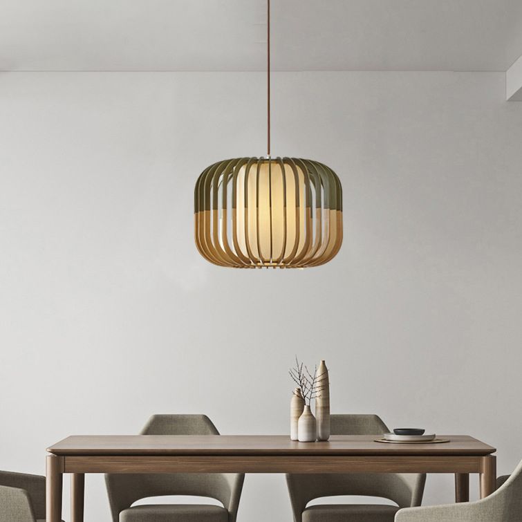 Green Color-Block Lantern Pendant Lamp Modern 1 Head Wooden Hanging Light for Dining Room