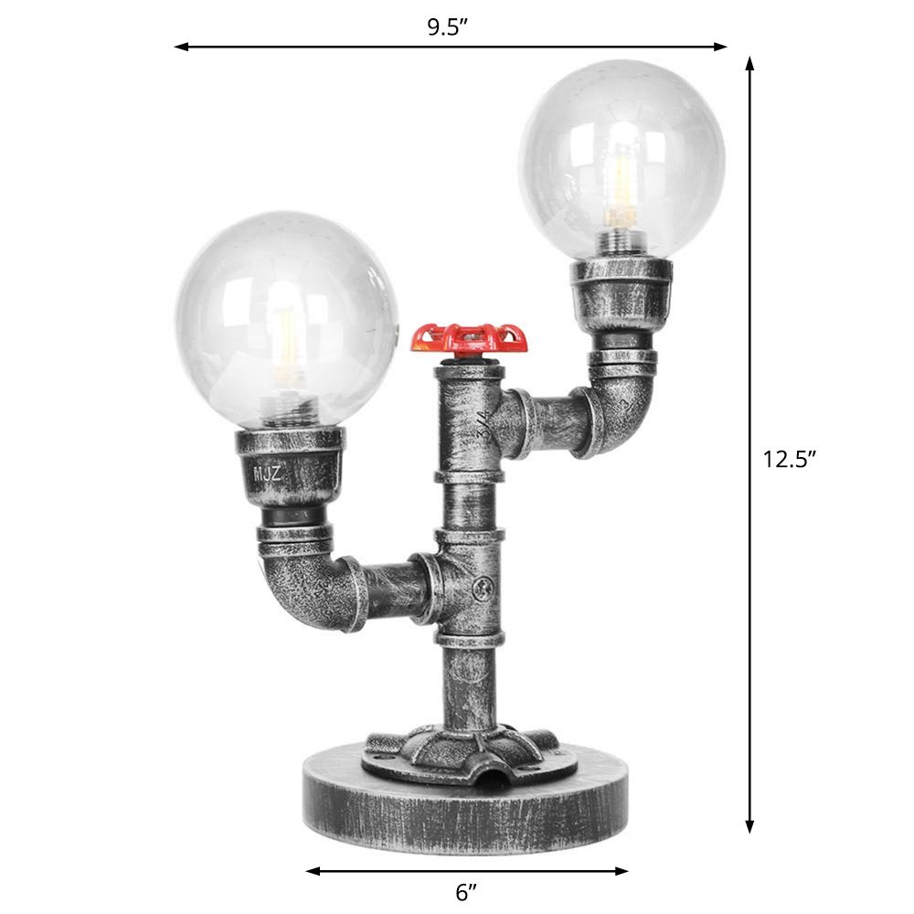Lampada da scrivania a 2 luci Industriale tonalità rotonda e illuminazione da tavolo in vetro trasparente in argento antico