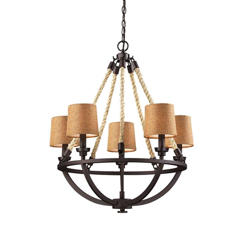 Semi-Circle Cage Bedroom Pendant Chandelier Country Metal 5 Lights Bronze Hanging Fixture with Fabric Shade