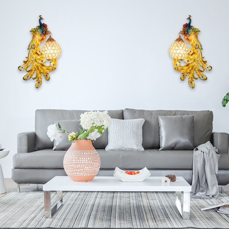 1 Light Blue/Gold Peacock Wall Lamp Country Resin 1/2-Pack Sconce Lighting with Crystal Globe Shade, Double/Right/Left
