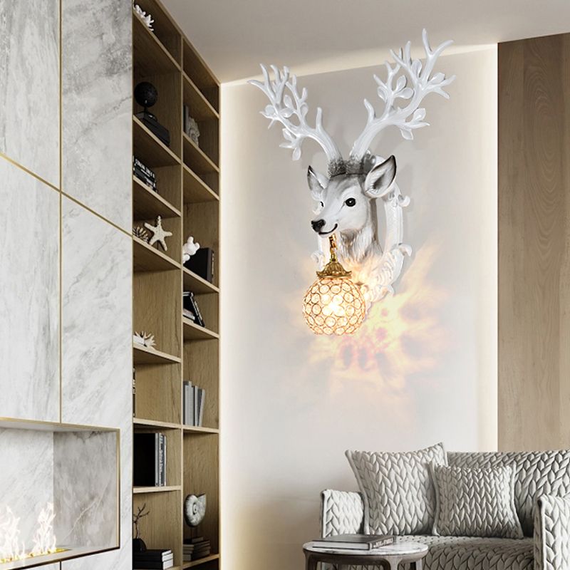 20"/24" W 1 Light Resin Wall Lamp Classical Style Silver/White/Gold Deer Head Shaped Living Room Sconce Light with Globe Crystal Shade