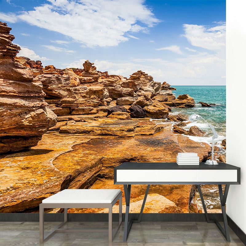 Modern Sunny Rock Seashore Mural for Accent Wall Custom Wall Decoration in Brown