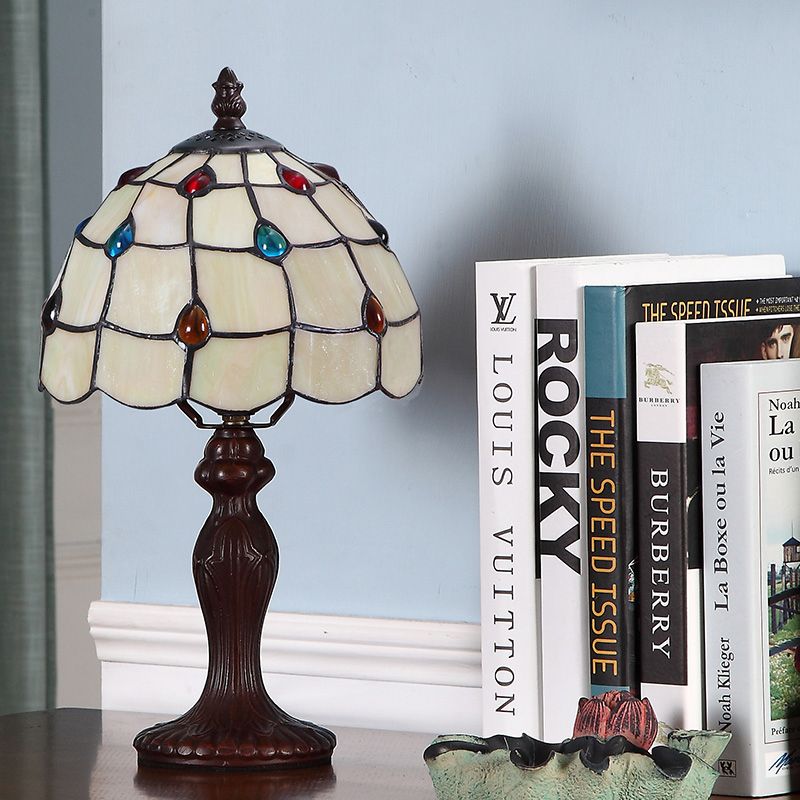 Stained Glass Dark Brown Table Light Jewel-Embellished Scalloped 1 Bulb Tiffany Nightstand Lamp