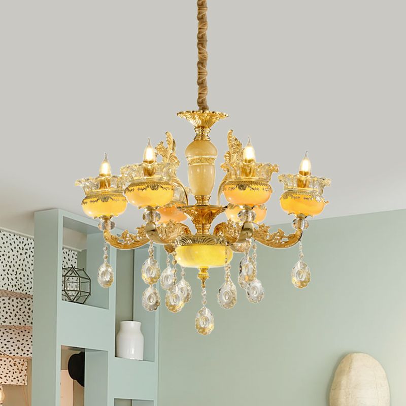 6-Light Chandelier Traditional Dining Hall Ceiling Suspension Lamp with Vase Mable Shade and Crystal Drape