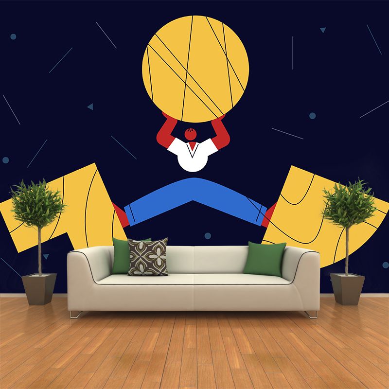 Artistry Mens Wallpaper Mural with Weight Lifting Pattern Black-Yellow Wall Decor