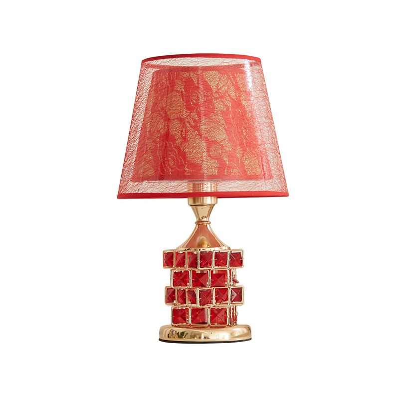 1 Kopf Rosendruck gedrucktem Stofftisch Lampe Vintage Romantische Rot/Gold Dual Cone Shade Nachtlicht mit Würfelkristallbasis