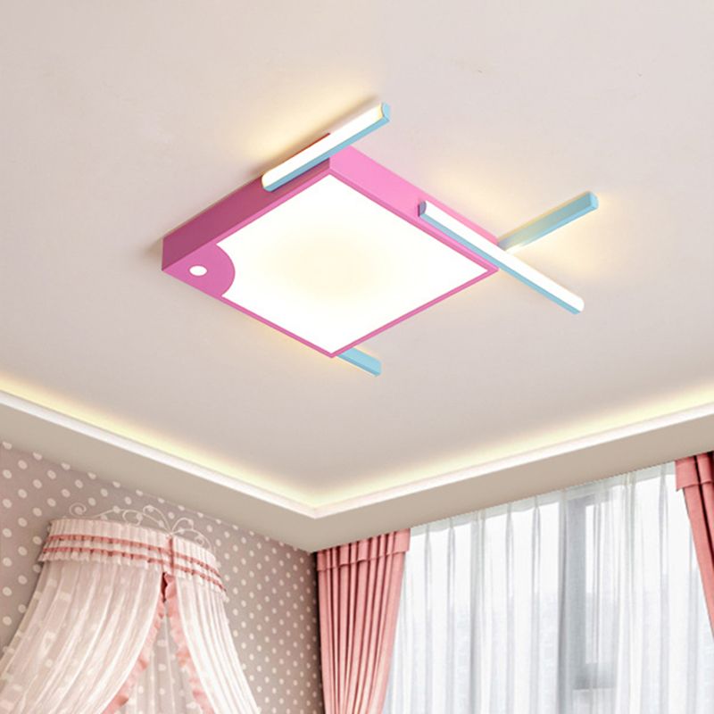 Square Flush Mount Light Minimalist Acrylic LED Bedroom Ceiling Flush in Pink with Linear Design, White/Warm Light