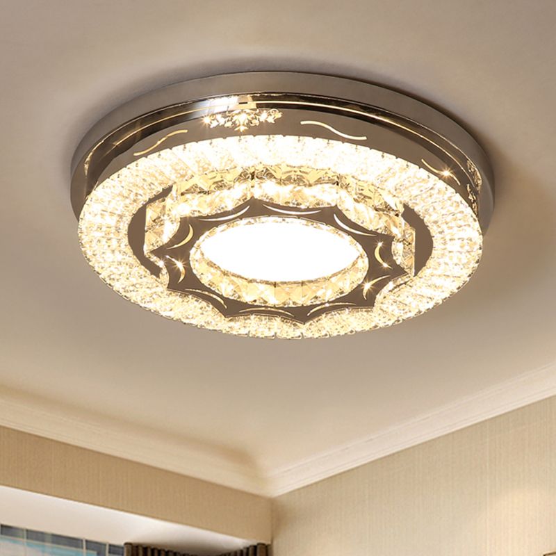 Rectangle-Cut Crystal Round Flushmount Modernist LED Chrome Close to Ceiling Lamp in Warm/White Light