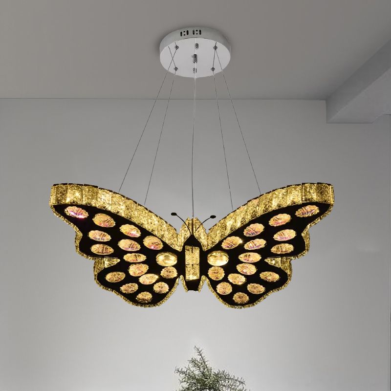 Butterfly Suspension Lighting Modern Clear Crystal LED Black Hanging Chandelier in Warm/White Light