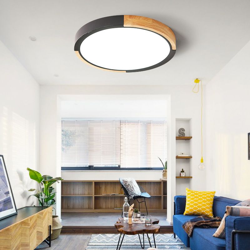 Nordic Style LED Ceiling Flush Black/Pink/White and Wood Splicing Disc Flush Mount Lighting with Acrylic Shade, Warm/White Light