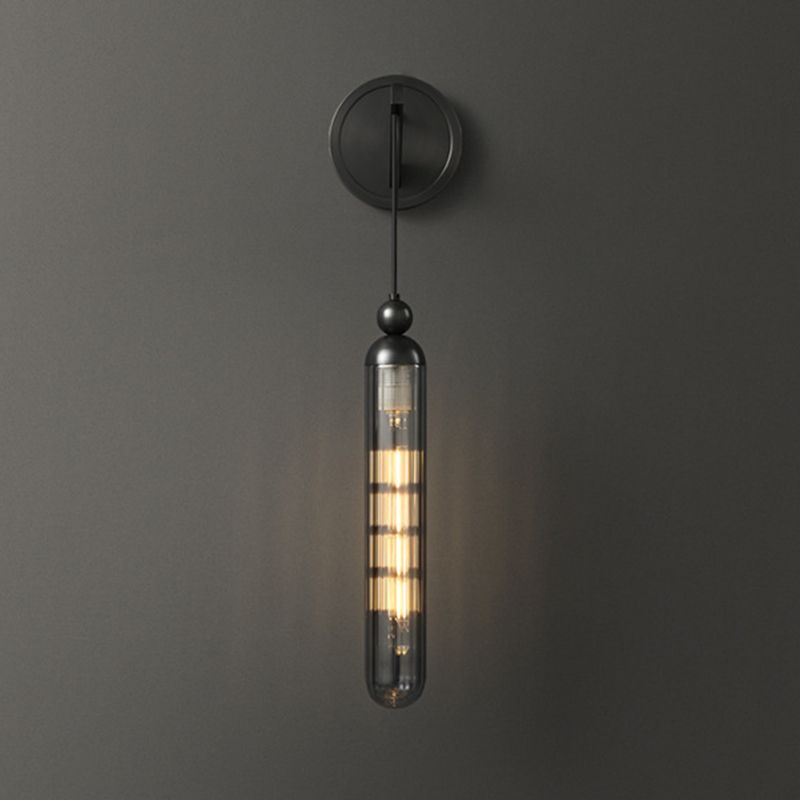 Black / Gold 1 - Light Wall Light Glass Tube Shade Solid Brass Wall Sconce