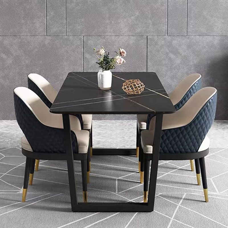 Rectangle Black Base Dining Table Modern Stone Double Pedestal Table