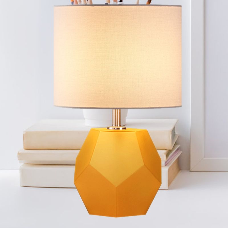 Single-Bulb 3D Hexagon Table Lamp Modern Grey/Pink/Yellow Glass Night Light with Drum Fabric Shade