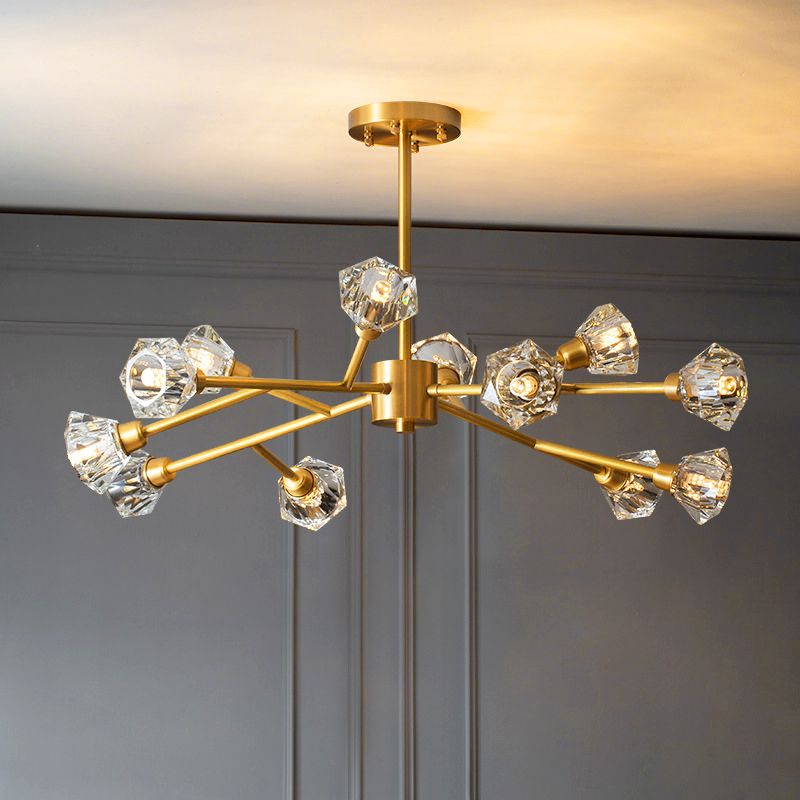 12-Light Metal Sputnik Chandelier, Unique Linear Ceiling Light With Crystal Shade