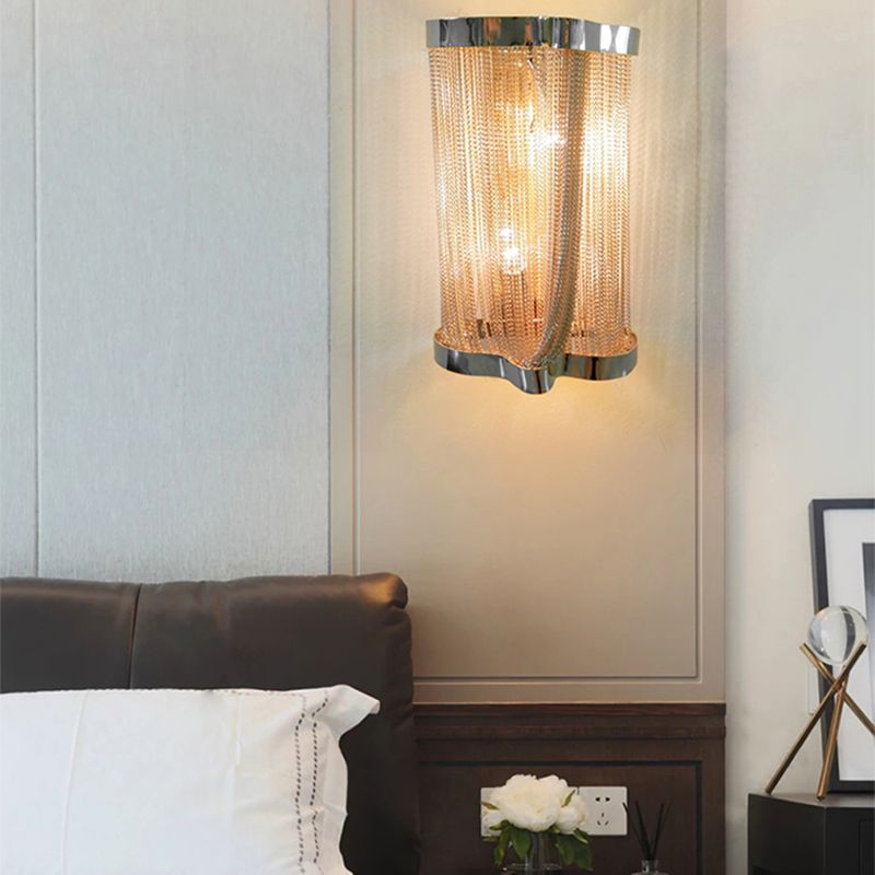 2 Lights Tassel Sconce Wall Light Vintage Aluminum Wall Lamp with Cylinder Shade in Gold/Silver
