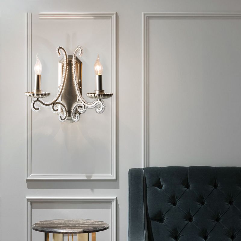 Metal Candle Wall Mounted Light Rustic Bedside Sconce Lighting Fixture with Crystal Bead