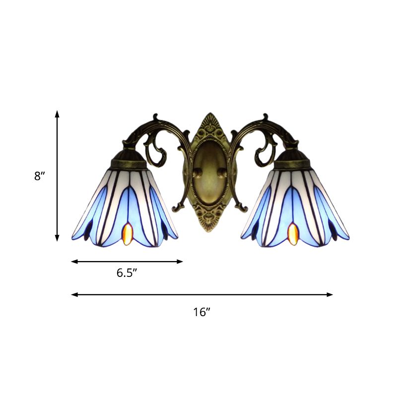 Floral Lighting Sconce Tiffany Style Stained Glass 2-Light Wall Light Fixtures in Blue for Corridor