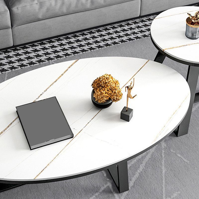 17.7" H Glam Oval Slate Coffee Table Metal Cross Legs Cocktail Table