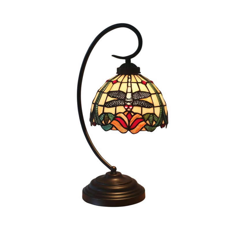 Stained Glass Dome Shade Desk Lamp Tiffany Style 1 Head Beige/Blue Dragonfly Patterned Table Lighting with Swirl Arm