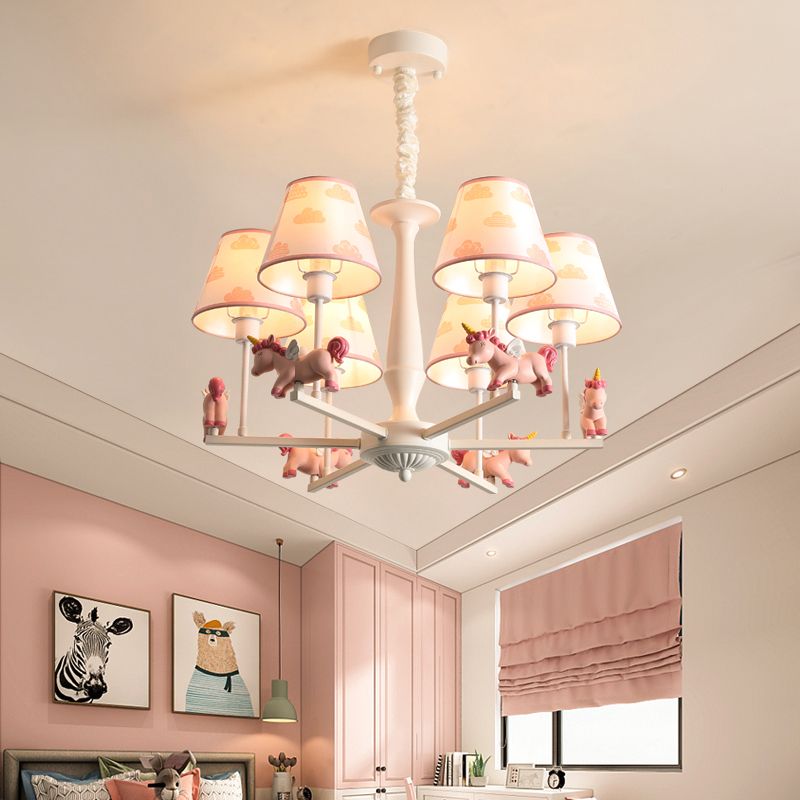 Print Fabric Conical Hanging Light Kids Style Pink Chandelier Light Fixture with Unicorn Deco