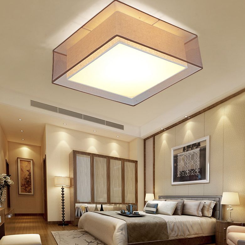 Brown Square Ceiling Light in Traditional Concise Style Wrought Iron Flush Mount with Fabrics Shade