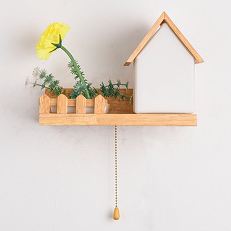 Modern Style House Shape Wall Light Wood 1 Light Sconces for Bedroom without Plant
