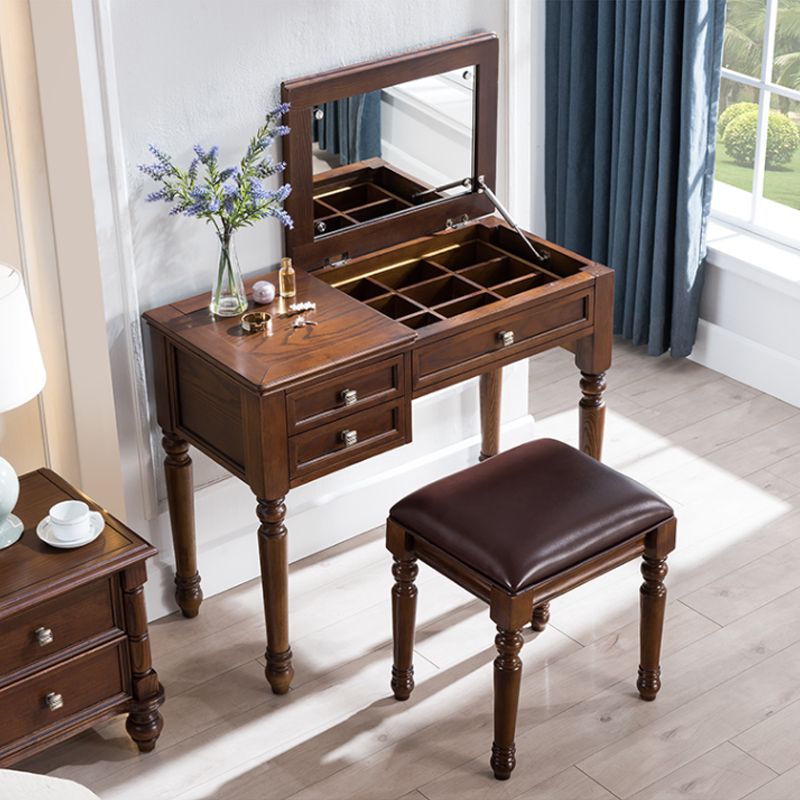30.7" Height 2-Drawer Brown Solid Wood Dressing Table Mirror Makeup Vanity