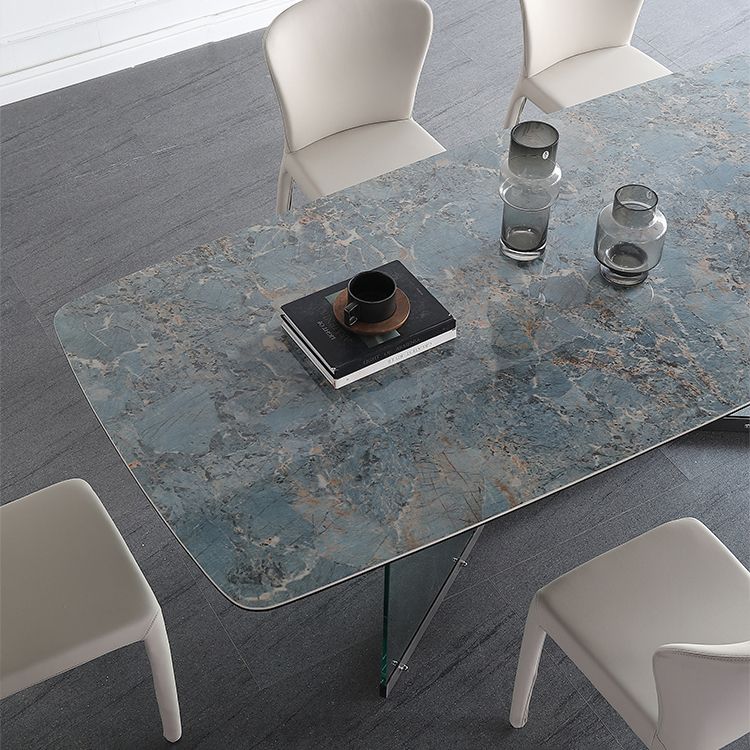Blue Rectangle Sintered Stone Dining Table for 4/6 with Glass Base Dining Set for Restaurant