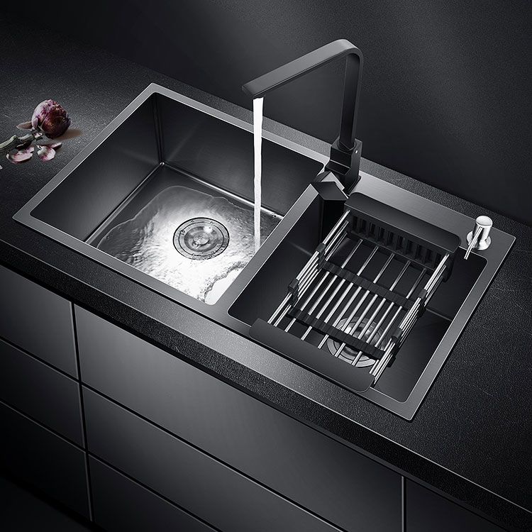 Rectangle Stainless Steel Sink in Black Double Bowl Drop-In Kitchen Sink