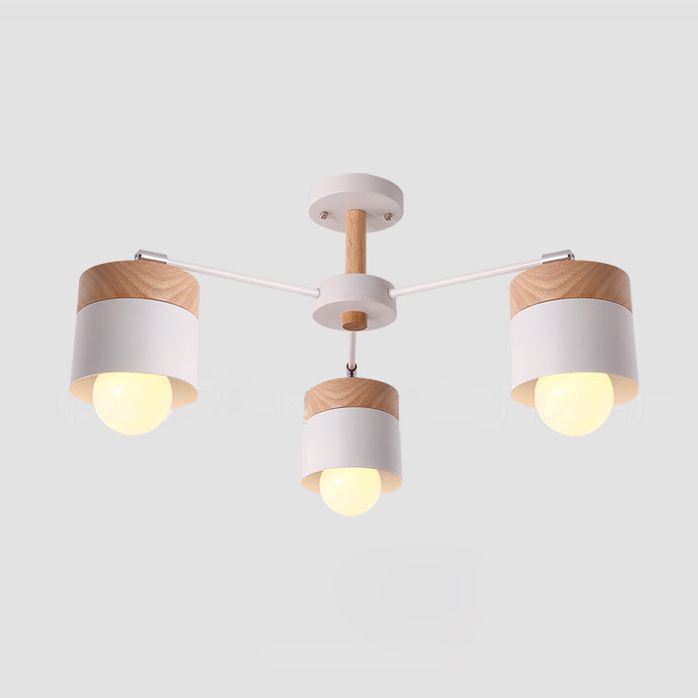 Plafonnier cylindrique en métal de style nordique, lustre semi-encastré à 3 têtes avec capuchon en bois blanc pour salon