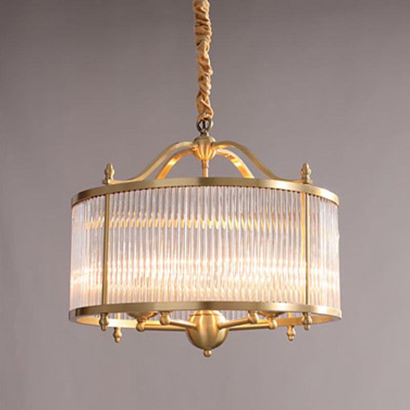 Copper Chandelier Light Fixtures American Style Multi-Head Drum Suspension Lamps for Living Room