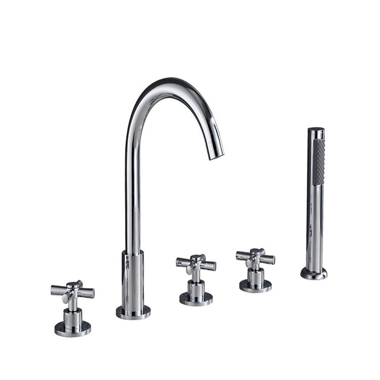 Contemporary Bathroom Faucet Deck Mounted Copper Low Arc Swivel Roman Tub Faucet Set