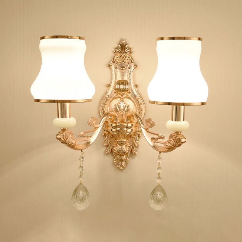 Gold Floral Wall Light Fixture Vintage Glass Living Room Wall Mounted Lamp with Crystal Accent