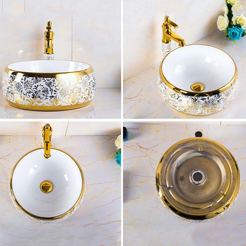 Modern Bathroom Sink Porcelain Round Hand Painted with Overflow and Faucet Wash Stand