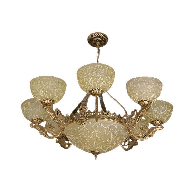 Brass Finish 11-Head Chandelier Traditional Frosted Glass Bowl Ceiling Suspension Lamp