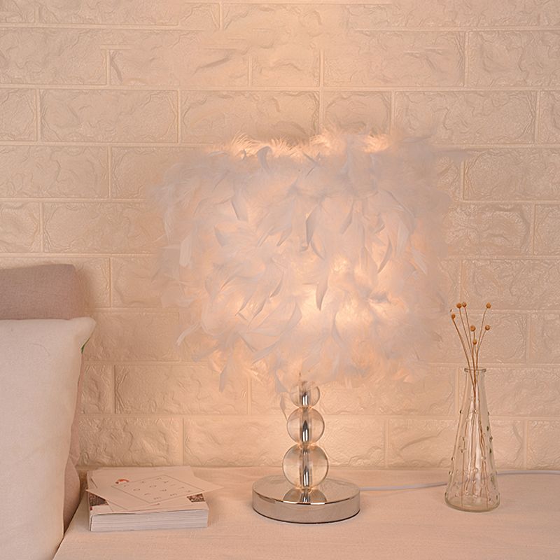 Minimalist Cylinder Night Light Feather 1 Head Bedroom Table Lamp in Red/Pink/Purple with Bubble Crystal Pedestal