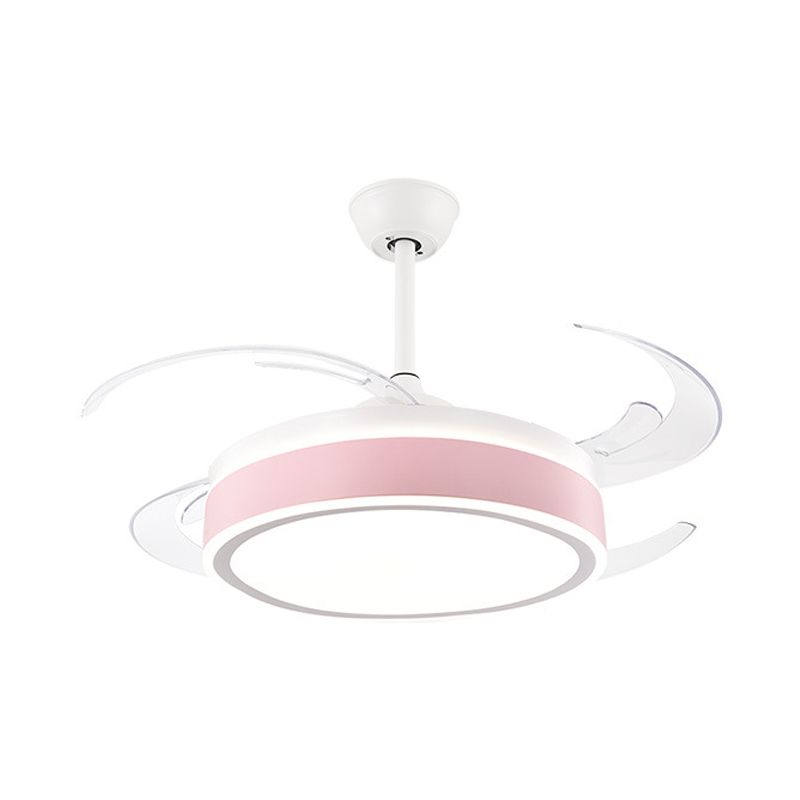 Metal Round Hanging Fan Light Simple Modern 4 Blades LED Semi Flush Mounted Lamp in Grey/Pink/Blue for Dining Room, 47" Wide