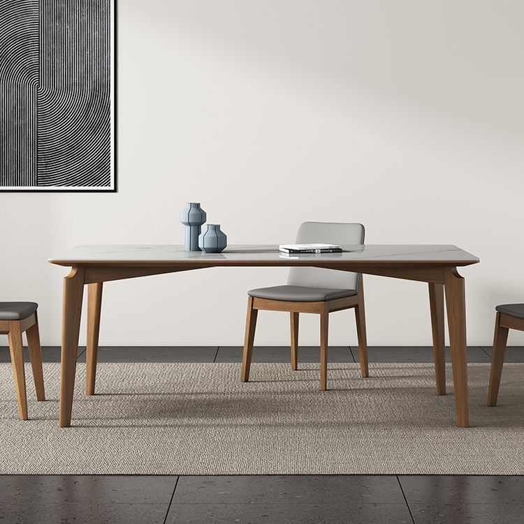 Mid-Century Modern Rectangle Dining Table White Sintered Stone Table with 4 Ash Solid Wood Legs