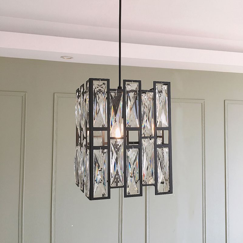 Modern Shaded Hanging Lamp Crystal Rectangles Dining Room Pendant Light in Black