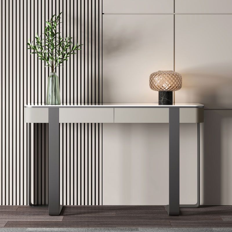 Modern Rectangular Console Table Stone Console Sofa Table in Grey/Gold