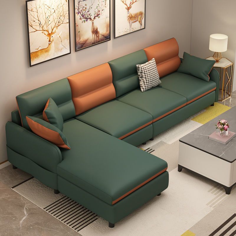 Vintage 4-seat Faux Leather Sofa & Chaise Square Arm Sewn Pillow Back Sofa