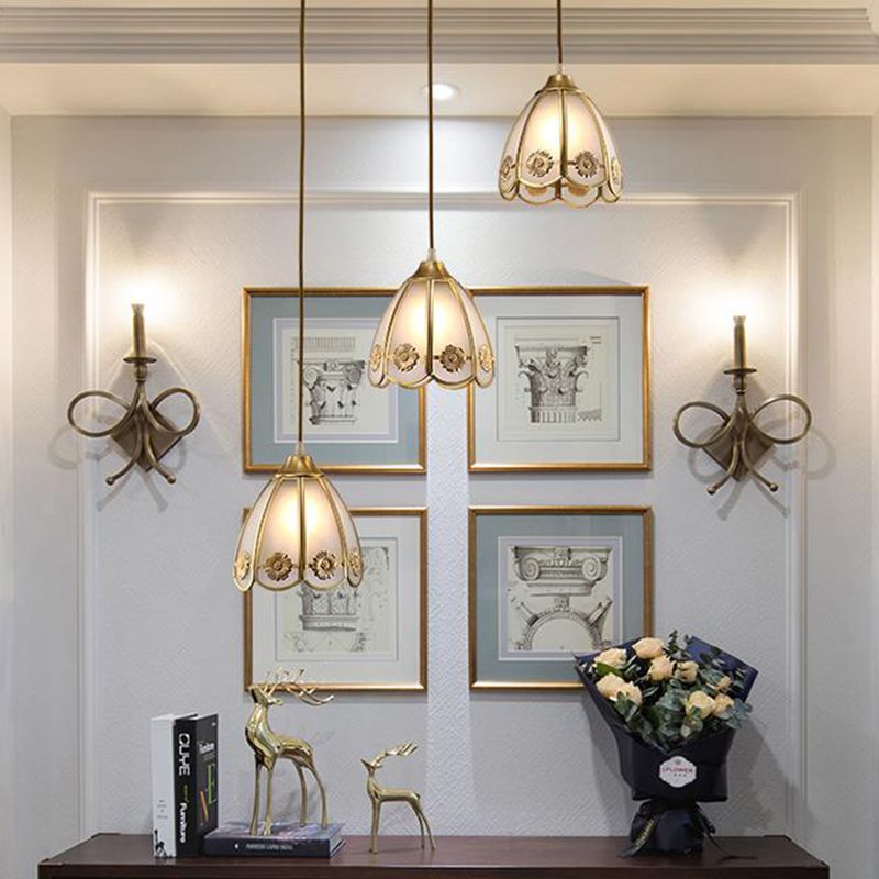Dome Frosted Glass Hanging Lighting Traditional 1 Light Hallway Ceiling Pendant Lamp in Brass