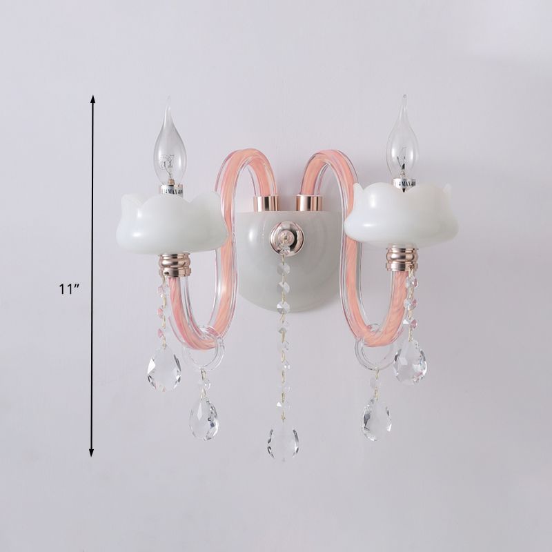 2 Bulbs Crystal Prism Sconce Light Traditional Pink Candelabra Living Room Wall Mounted Lighting