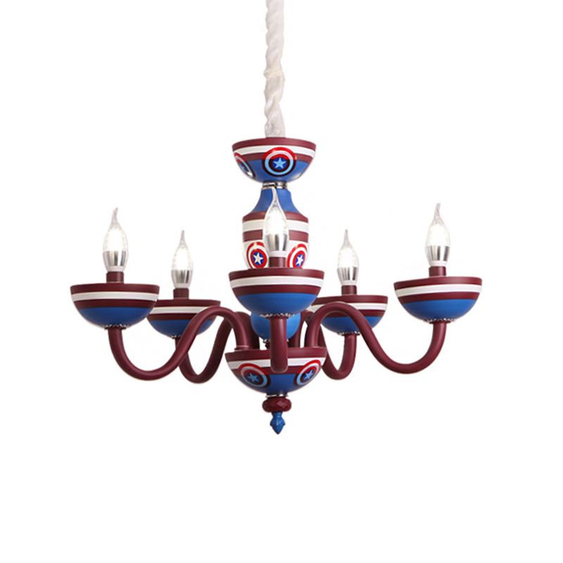 Cartoon Curved Arm Ceiling Lamp Metal Nursery Chandelier Light in Red and Blue for Child Room